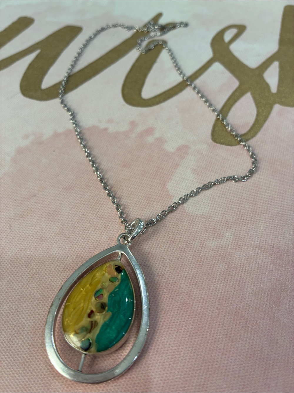 Silver Teardrop Pendant Necklace with Yellow and Teal Accents
